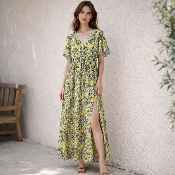 Alexia Admor Dresses & Skirts - NWT Alexia Admor Maxi Slit Dress Flutter Sleeve Yellow Teal Floral Women's Sz 6